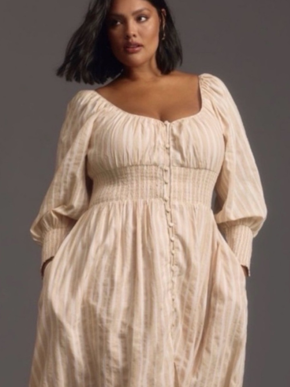 NWT Anthro Smocked-Waist Stripe Button front Romantic Maxi Dress, size L - Picture 3 of 10